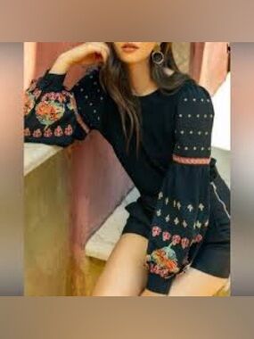 THML Mini Dress W/ Embroidered Floral Puff Sleeves - Black - Size S